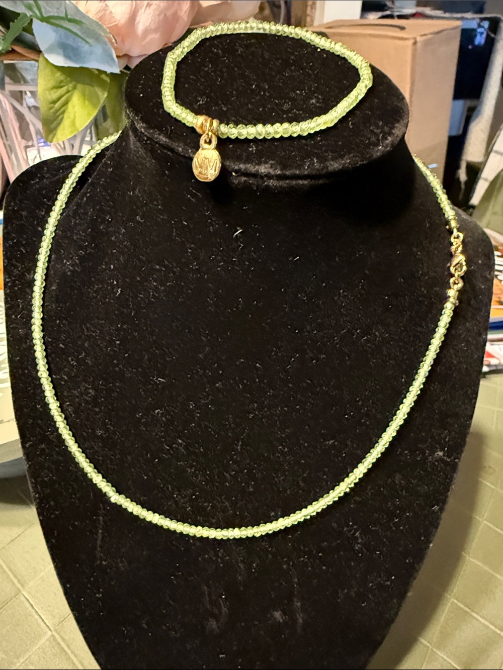 Lime Green Beaded Necklace and Bracelet Set with Gold Charm - Unbranded